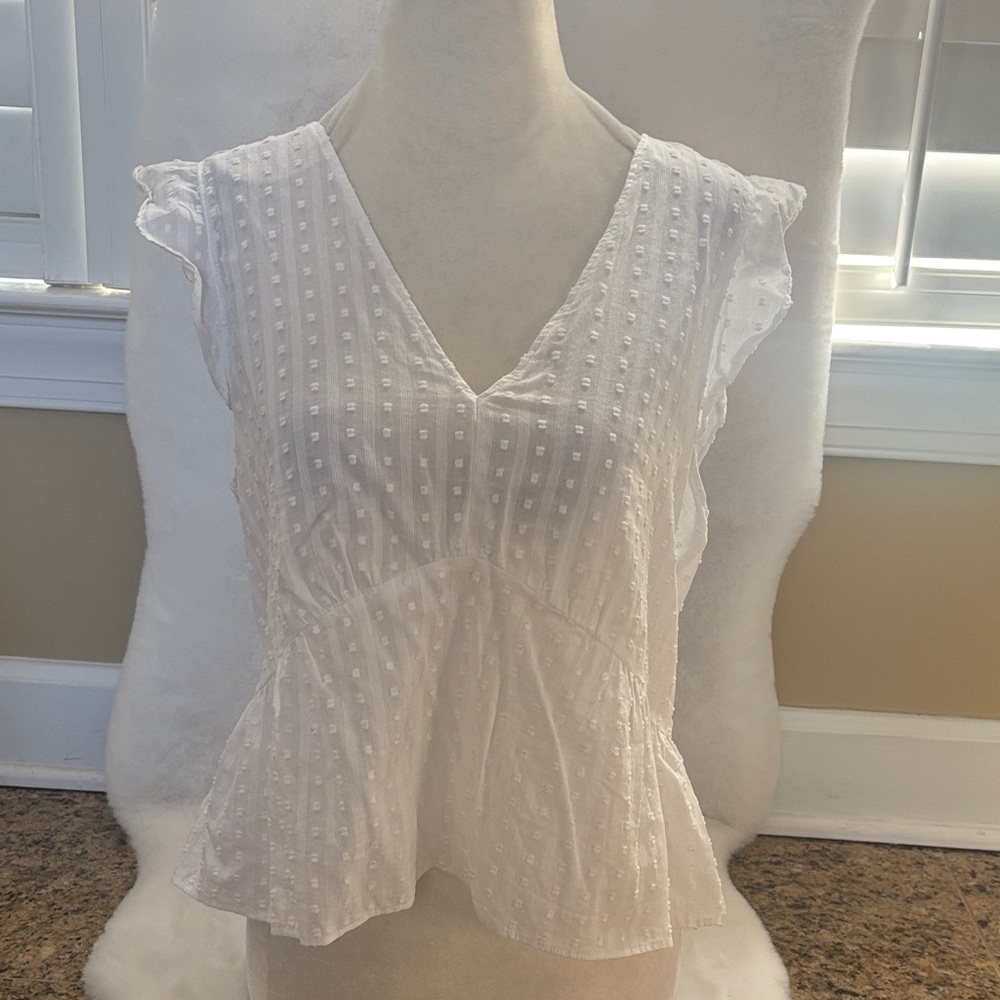 BCBGeneration White Swiss Dot V-Neck Flutter Sleeve Top